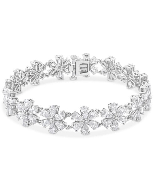 Cubic Zirconia Flower Cluster Link Bracelet in Sterling Silver