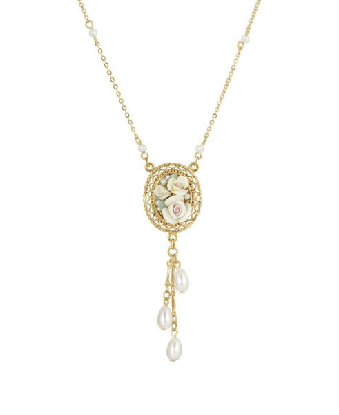 2028 women's Gold Tone Ivory Porcelain Rose Oval Pendant with Imitation Pearl Drop Necklace