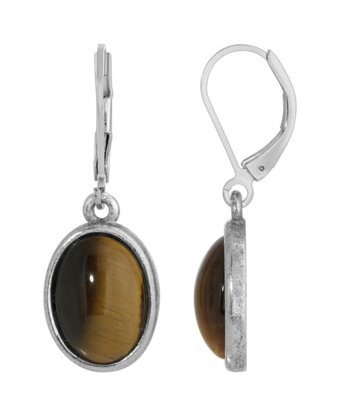Silver-Tone Semi Precious Tiger Eye Oval Drop Earrings