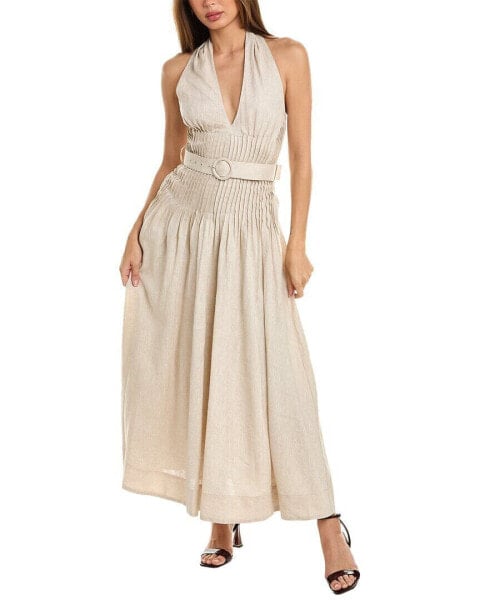 Nicholas Calliope Pintuck Halter Belted Linen Midi Dress Women's