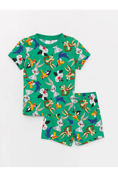 Bisiklet Yaka Kısa Kollu Looney Tunes Baskılı Erkek Bebek Pijama Takımı