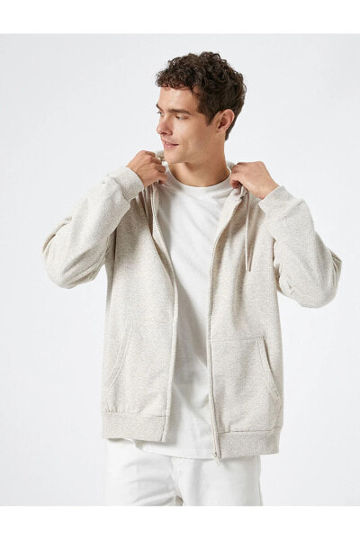 Oversize Fermuarlı Sweatshirt Kapşonlu Cep Detaylı Etiket Baskılı Şardonlu