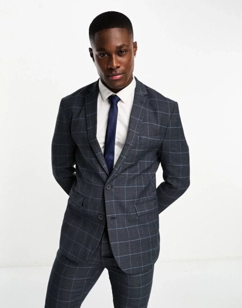 New Look skinny suit jacket in grey & blue check