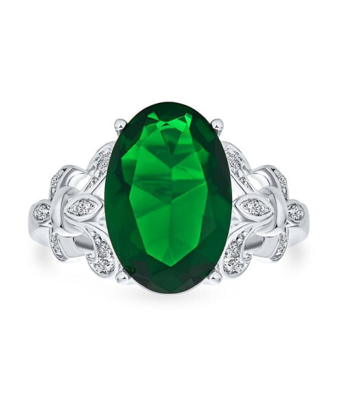 Fleur De Lis Pave Accent AAA CZ Estate Large Oval Solitaire 7CT Cubic Zirconia Simulated Emerald Green Cocktail Statement Ring For Women