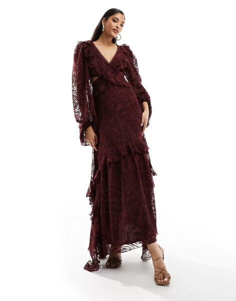 ASOS DESIGN devoree cut out waist maxi dress with open back in burgundy