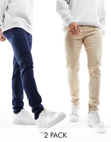 ASOS DESIGN 2 pack skinny chinos in navy and stone