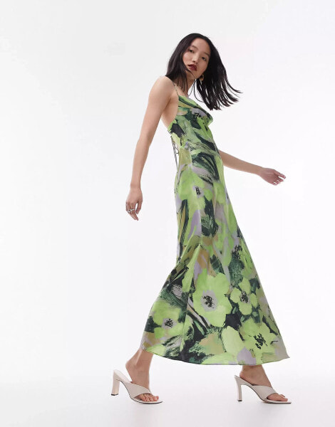 Topshop cami slip midi dress in green floral print