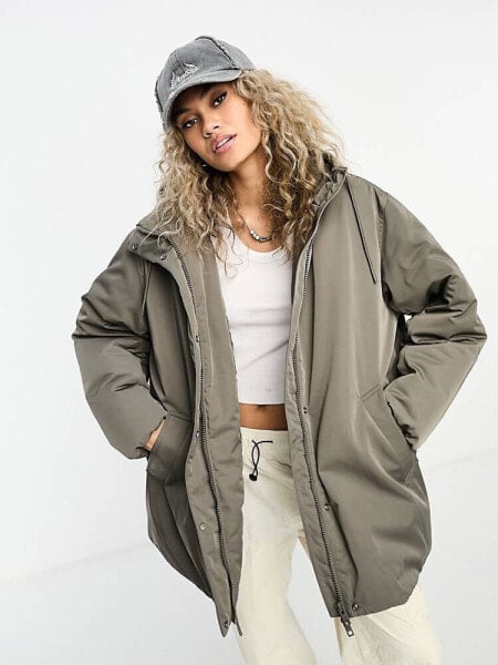 Weekday Honey oversized cocoon coat in khaki green 