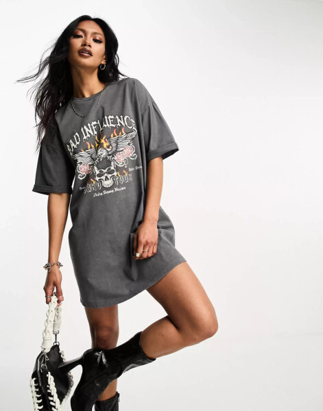 ASOS DESIGN rolled sleeve t-shirt mini dress with graphic in grey