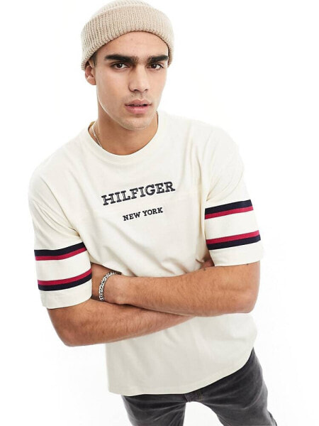 Tommy Hilfiger monotype sleeve colourblock t-shirt in cream