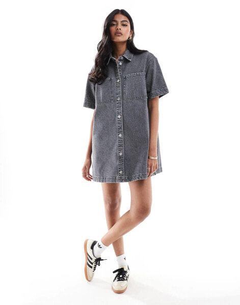 ASOS DESIGN short sleeve denim shirt dress in grey