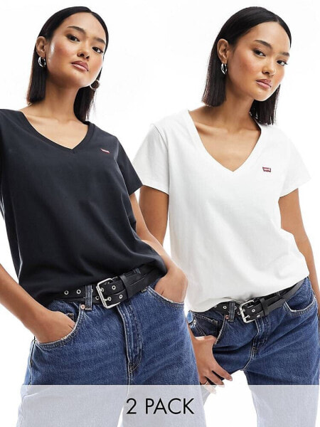 Levi's 2 pack v neck t-shirts with small logo in white black