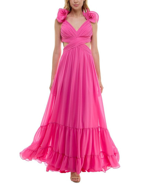 Juniors' Ruffled Lace-Up-Back Gown
