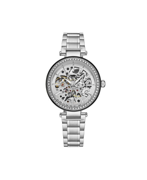 Women's Automatic Alloy Silver Case, Skeleton Dial,Silver SS Link Bracelet Watch Crystal Studded Bezel