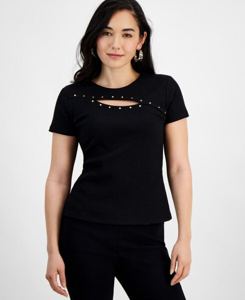 Petite Ribbed Cutout Studded Top, Created for Macy's