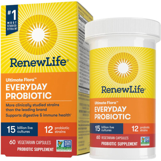 Renew Life Ultimate Flora Everyday Probiotic Ежедневные пробиотики для поддержки здоровья пищеварительной системы и иммунитета 15 млрд КОЕ 12 штаммов 60 веганских капсул