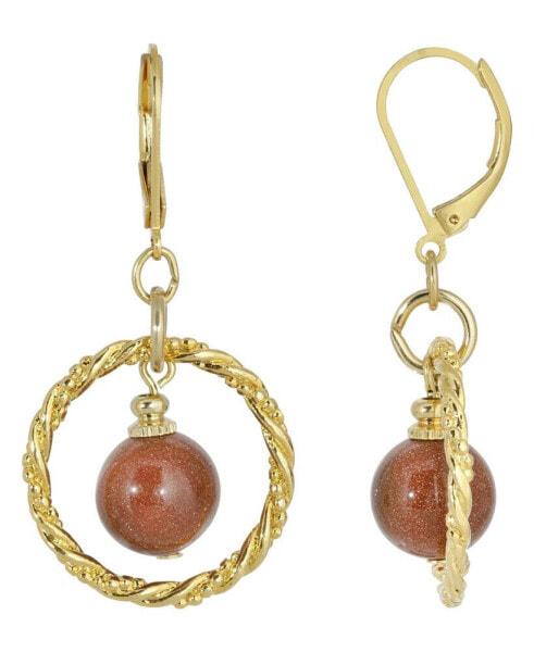 Gold-Tone Genuine Stone Sandstone Round Stone Hoop Earrings