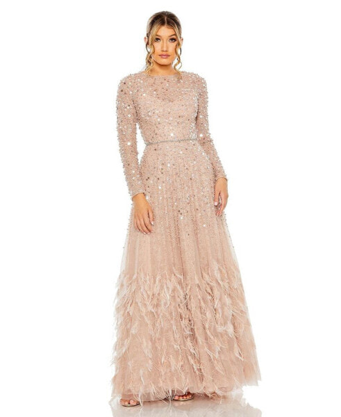 Women's Disc Embellished Sequin Gown with Feather Detail
