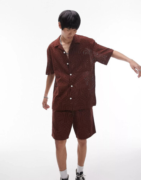 Topman short sleeve relaxed fit revere broderie shirt in brown