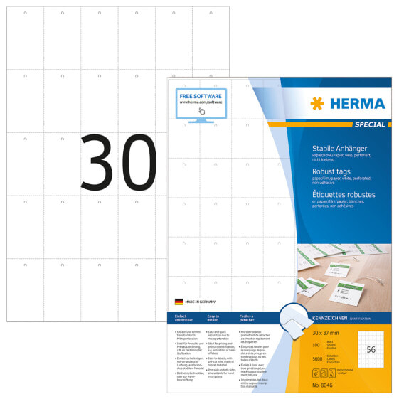 HERMA Robust tags A4 35x59,4 mm white paper/film/paper perforated non-adhesive 3000 pcs. - White - Rectangle - Paper - Germany - Laser/Inkjet - 3.5 cm