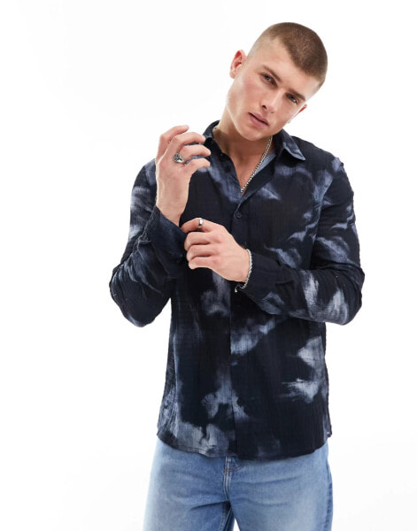 River Island long sleeve shirt in navy inky print