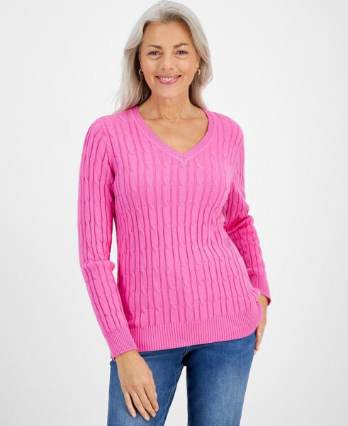 Women's Cotton Cable-Knit V-Neck Sweater, Created for Macy's