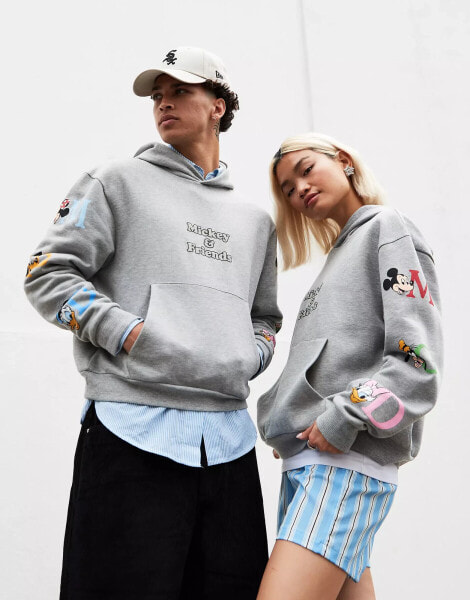 ASOS DESIGN Disney unisex oversized boxy hoodie with Mickey Mouse & Friends sleeve prints in grey marl