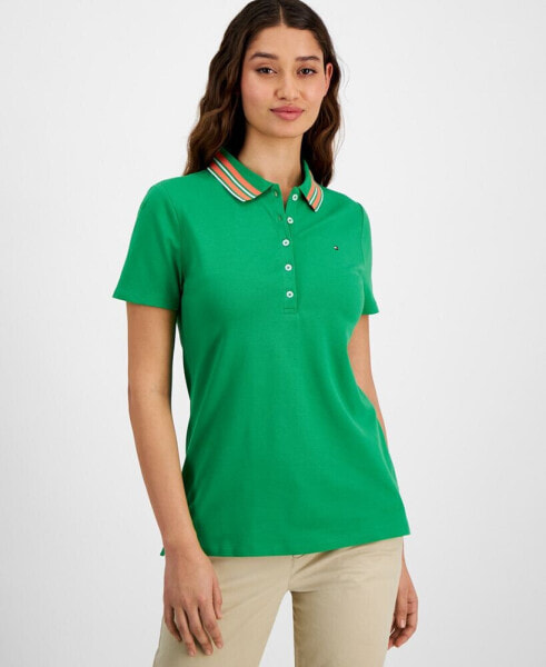 Women's Stripe-Collar Shirt-Sleeve Polo Shirt