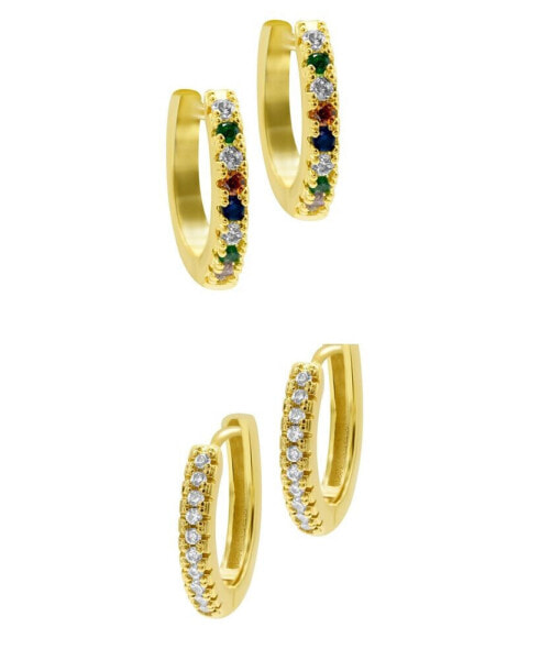 14K Gold-Plated Set of Plain and Rainbow Huggie Hoop Earrings