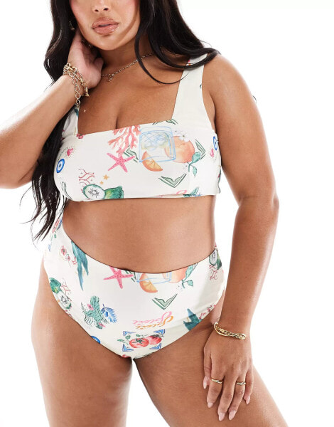 ASOS DESIGN Curve high leg high waist bikini bottom in postcard print