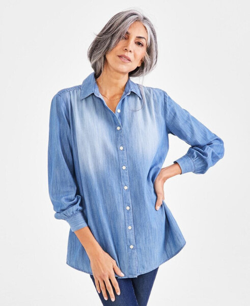 Petite Cotton Chambray Long-Sleeve Boyfriend Tunic, Created for Macy's