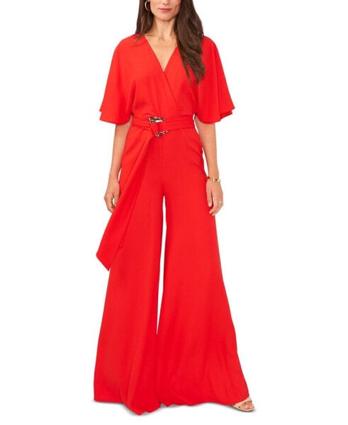 Women's Plunge V-Neck Tie Waist Wide Leg Maxi Jumpsuit