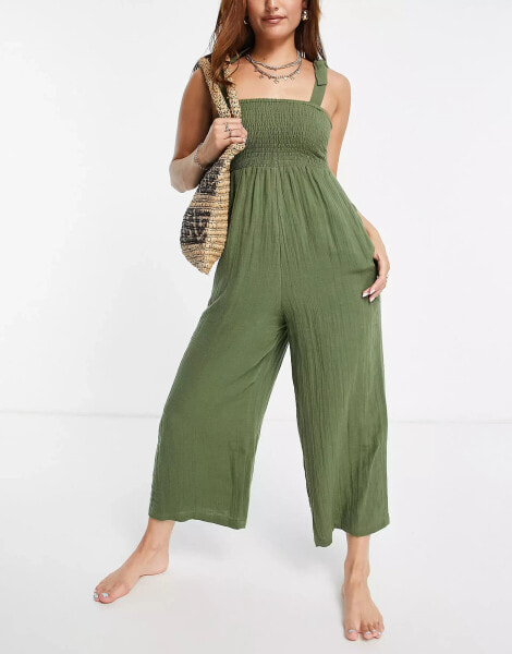 Accessorize frill shoulder beach jumpsuit in khaki