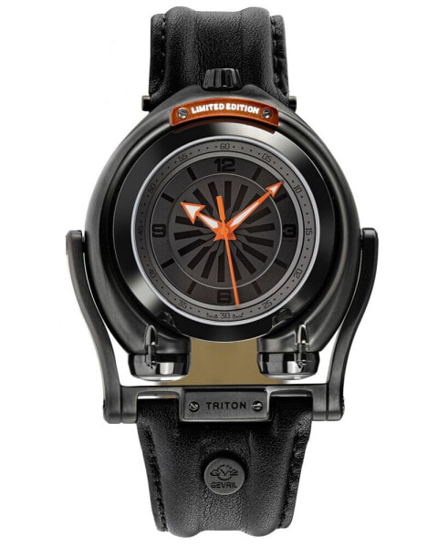Men's Triton Automatic Black Genuine Leather Strap Watch 49mm