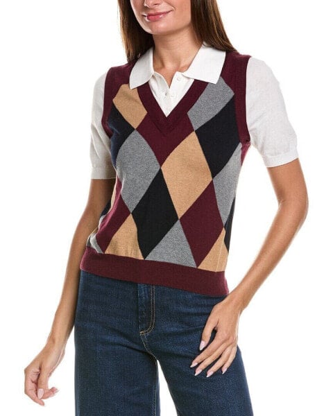 Minnie Rose Argyle Vest Combo Cashmere-Blend Sweater Women's