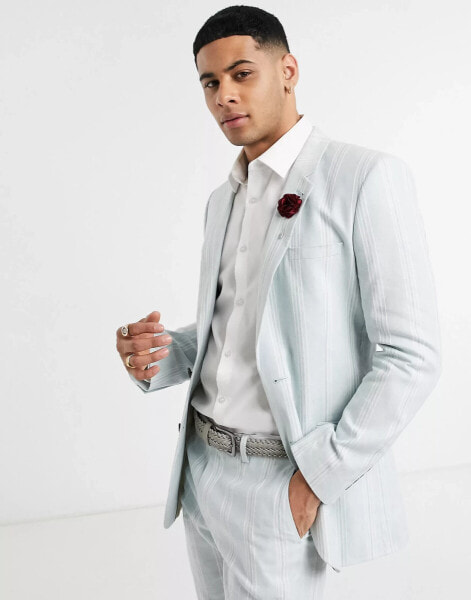 ASOS DESIGN wedding skinny suit jacket in stretch linen mix in blue and white stripe