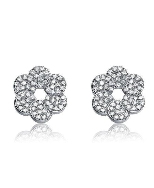 Sterling Silver Cubic Zirconia Round Flower Shape Earrings