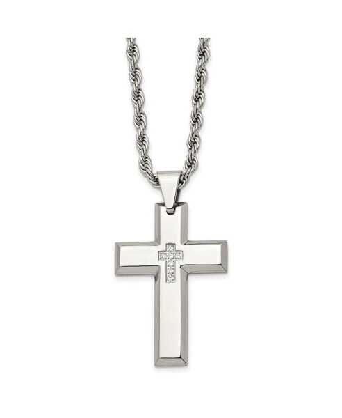 Polished with CZ Cross Pendant on a Rope Chain Necklace