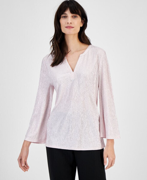 Women's Shine 3/4 Sleeve Plisse Split-Neck Top, Created for Macy's