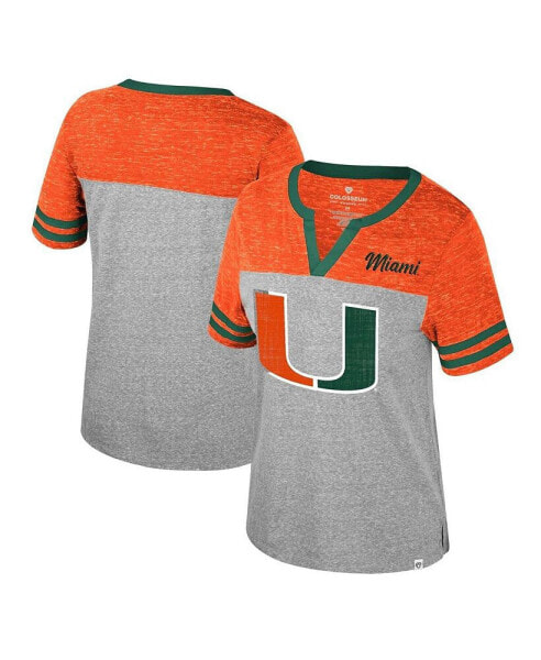 Women's Heather Gray Miami Hurricanes Kate Color block Notch Neck T-Shirt