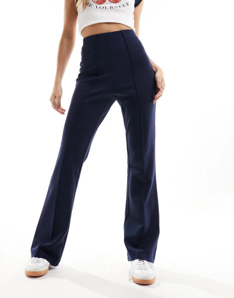 Vila high waisted pin tuck pull on trousers in navy