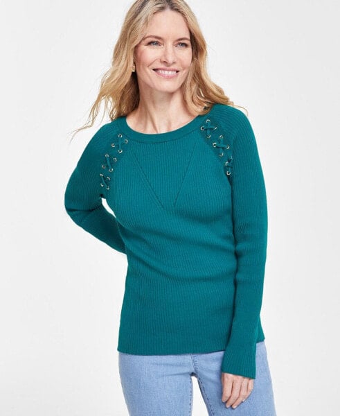 Women's Lace-Up Ribbed-Knit Sweater, Created for Macy's