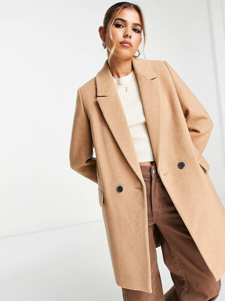 Stradivarius double breasted wool coat in camel