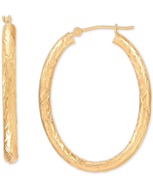 Etched Tube Oval Hoop Earrings in 14k Gold, 1-3/8"