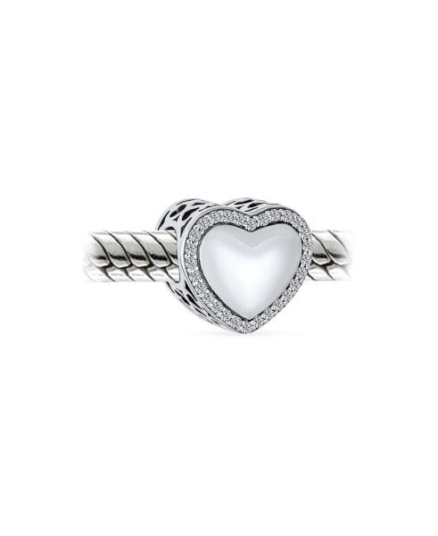 Valentine Monogram Letters Alphabet A-Z Initial Crystal Accent Edge Love Heart Shape Charm Bead Oxidized Sterling Silver Fits European Bracelet