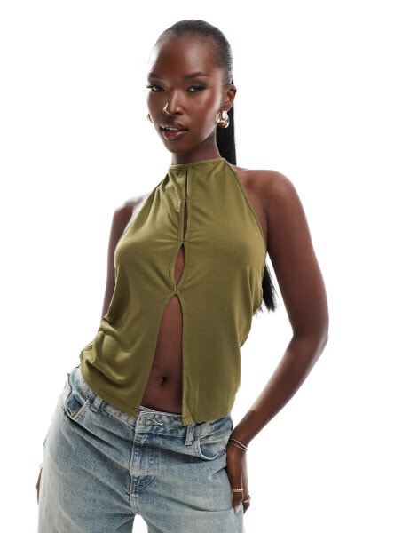 ASOS DESIGN halter top with cut out detail in khaki