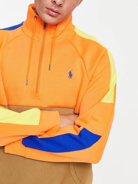 Polo Ralph Lauren icon logo colourblock hybrid half zip sweatshirt in resort orange multi