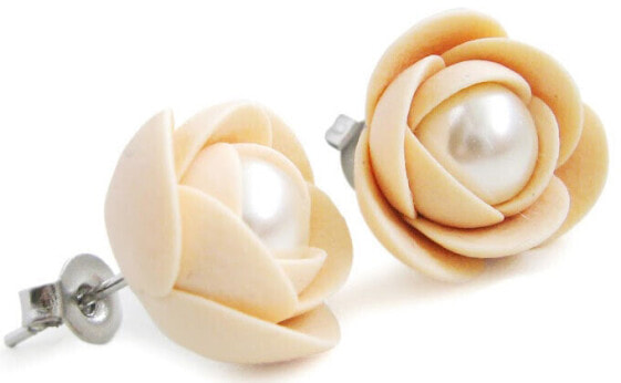 Light beige flower earrings with pearl puzetky Preciosa
