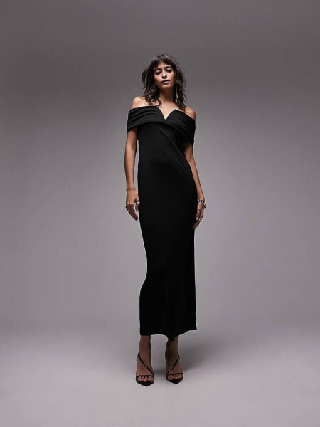 Topshop V front detail bardot maxi dress in black