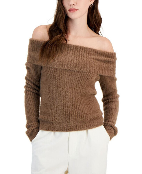 Juniors' Eyelash-Knit Off-The-Shoulder Sweater